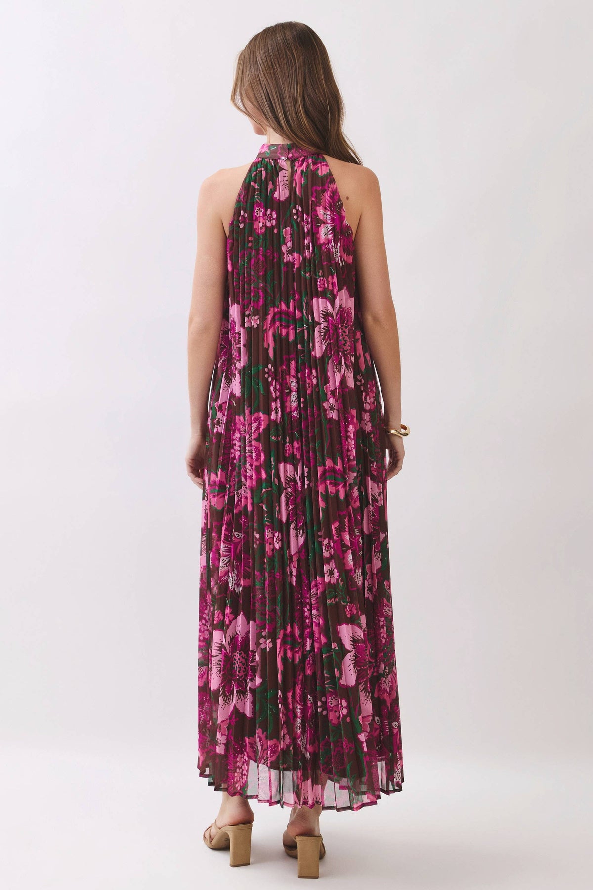 Floral Print Pleated Halter Maxi Dress