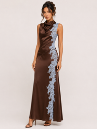 COWL NECK SIDE LACE SATIN DRESS -