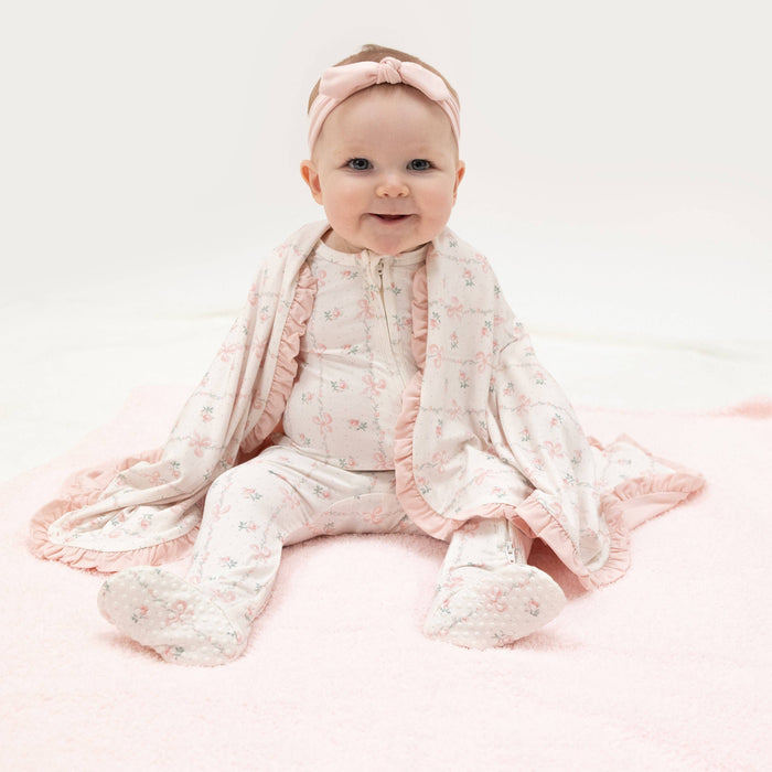 Dainty Buds and Bows - 2 Way Ruffle Back Zipper Footie