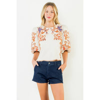 Floral Embroidered Puff Sleeve Top