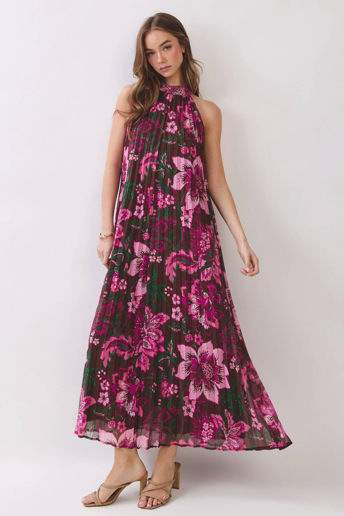 Floral Print Pleated Halter Maxi Dress