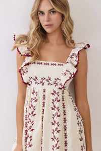 -Embroidered Flutter Sleeve Babydoll Mini Dress