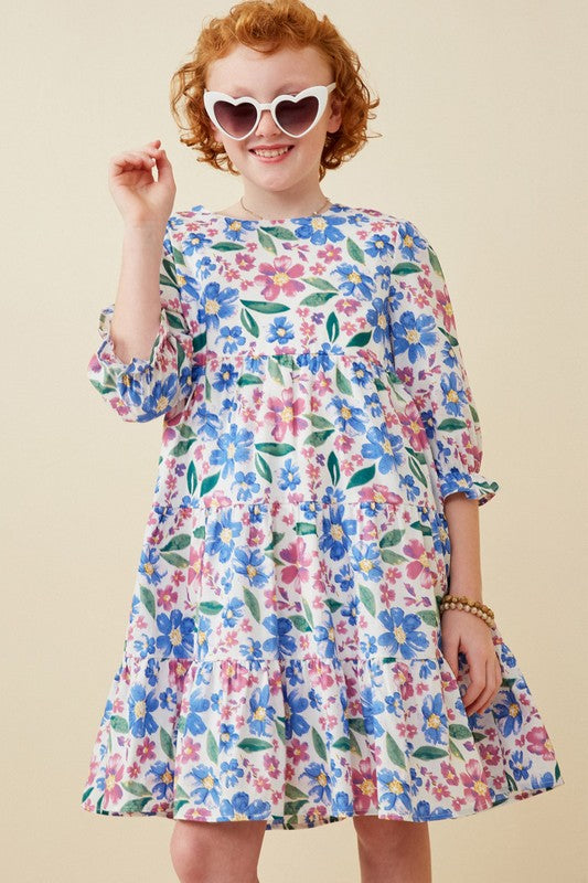 Girls Vivid Floral Cinch Sleeve Dress