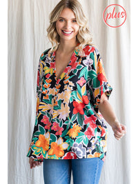 Plus Floral print top with a V-neck, cuffed short sleeves.