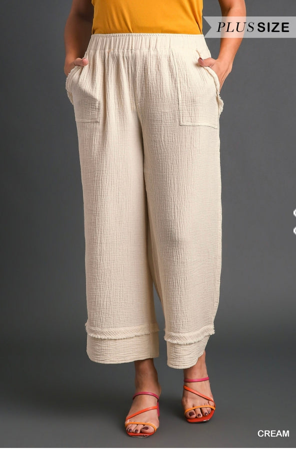 Wide Leg Pants with Elastic Waist Band , Unfished Frayed Hem & Side Po –  Willow at Merle Norman