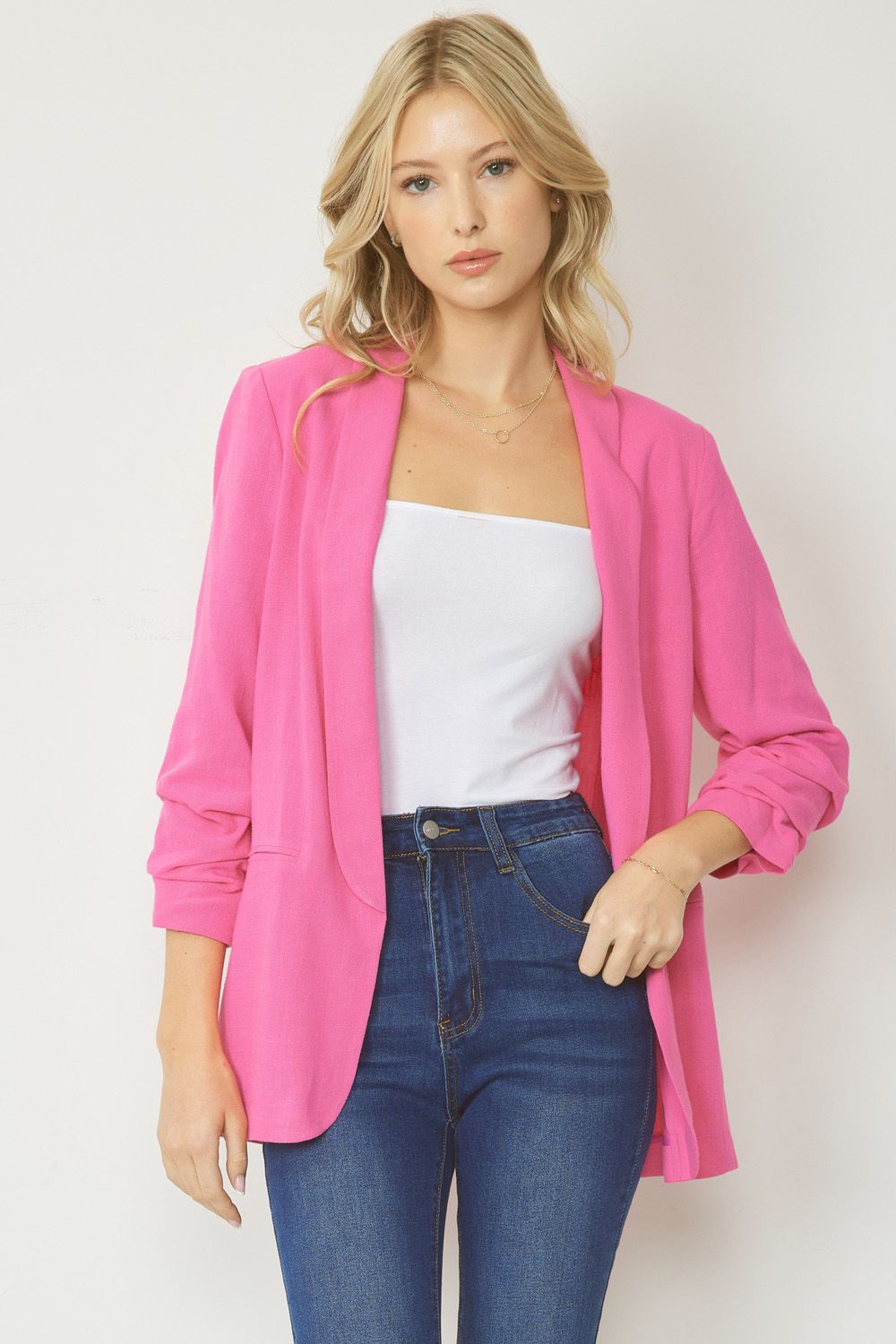 Solid blazer jacket featuring shirred detail at sleeve j13752