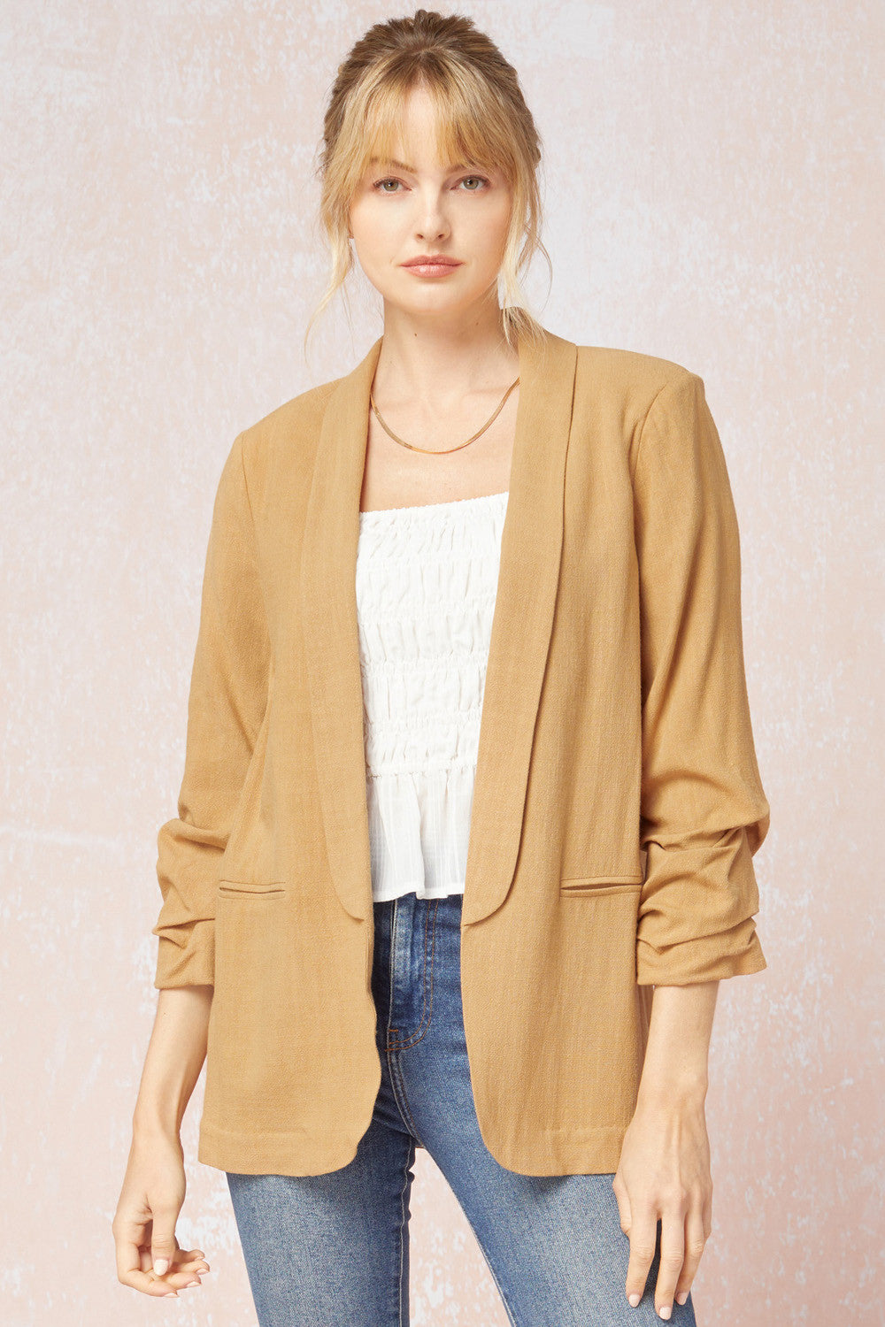 Solid blazer jacket featuring shirred detail at sleeve j13752