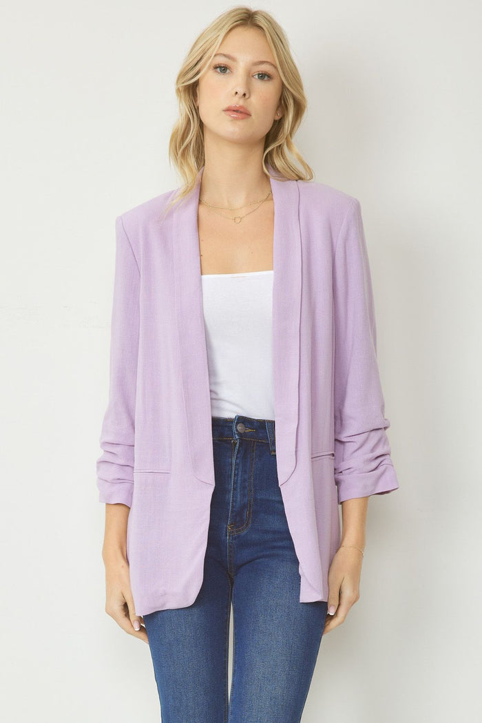 Solid blazer jacket featuring shirred detail at sleeve j13752