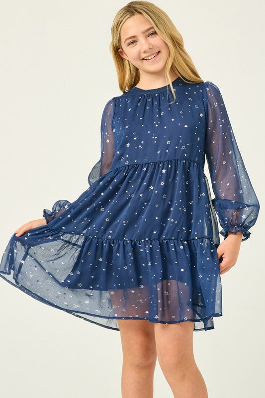 Girls Sheer Foil Star Print Dress GY2795