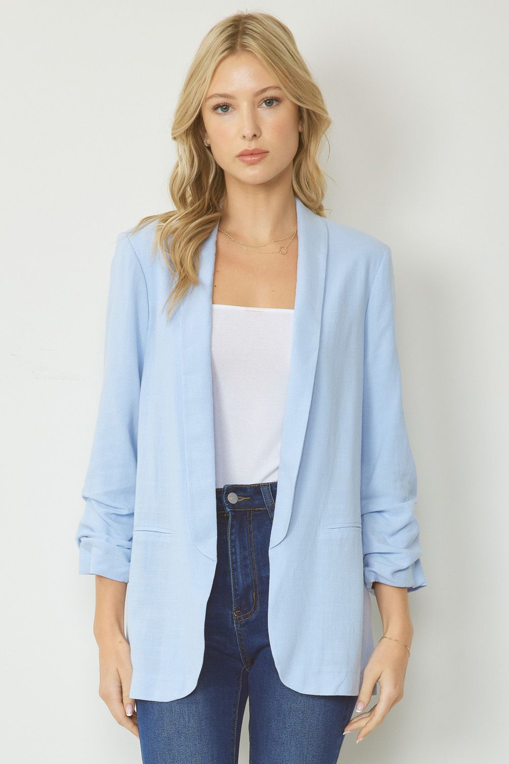 Solid blazer jacket featuring shirred detail at sleeve j13752